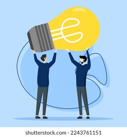 Concepto de búsqueda de ideas. Personajes parados y levantando la bombilla juntos. La gente genera ideas de negocios creativas. la cooperación produce ie. Concepto de solución empresarial. Ilustración vectorial.