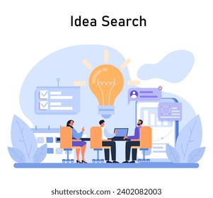 Idea Search concept. Creative team brainstorming for innovative solutions in a meeting, with a lightbulb symbolizing emerging concepts. Collaborative thinking in business. Flat vector illustration