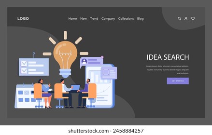 Idea Search concept. Creative team brainstorming for innovative solutions in a meeting, with a lightbulb symbolizing emerging concepts. Collaborative thinking in business. Flat vector illustration