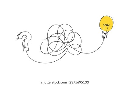 Idea search concept. Question mark and light bulb connected by a tangled line. Concept of brainstorm, thinking, idea search, question, solution. Vector illustration.
