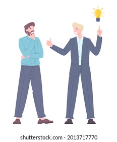 Idea search concept. Young man found a solution to the issue. Office workers discussing the work process. Flat vector illustration.
