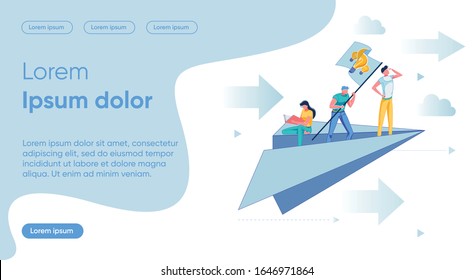 Idea Search Flat Landing Page Vector Template. Teamwork, Cooperation, Business Development Ways Scanning. Business Partners, People on Paper Airplane Faceless Character. Idea Pursuit Homepage Layout