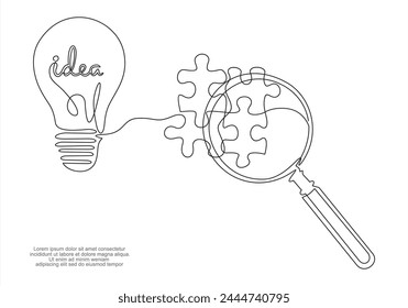 idea search icon, magnifier with light bulb, creative vision, thin line symbol on white background.Continuous one line drawing	
