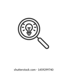 Idea search line icon. linear style sign for mobile concept and web design. Magnifying glass with light bulb outline vector icon. Symbol, logo illustration. Vector graphics