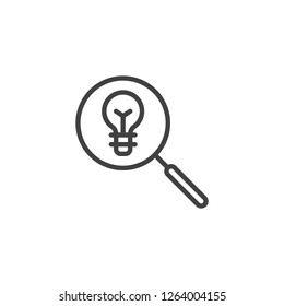 Idea search outline icon. linear style sign for mobile concept and web design. Light bulb and magnifier glass simple line vector icon. Symbol, logo illustration. Pixel perfect vector graphics