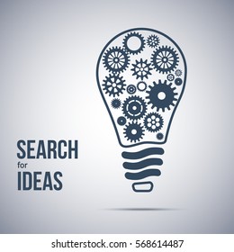 idea search symbol. Light bulb with cogwheels inside. Business lightbulb design illustration