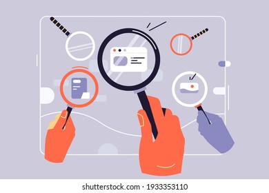 Idea of searching something vector illustration. Person using magnifying glass for enlarging thing flat style. Investigation, search for information concept. Isolated on grey background