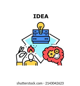Ideensuche Vektorsymbol Konzept. Geschäftsmann denkt und denkt nach erfolgreichem Start-Up. Brain Working Process für Erstellung und Planung Business oder Zielerreichung Farbillustration