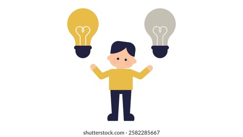 Idea selection image illustration | flat design illustration of a person with a light bulb