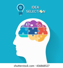 Idea Selection And Startup Business Concept. Human Head With Puzzle Style Brain. Infographic Template. Vector Illustration.