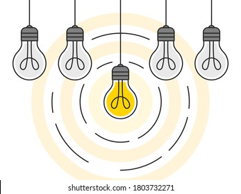 Idea. Juego de bombillas colgantes con un resplandor. Iconos de la bombilla. Ilustración del vector