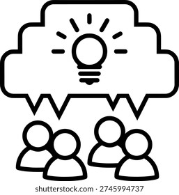 Idea sharing concept shows group of people with a lightbulb in the speech bubble above their heads