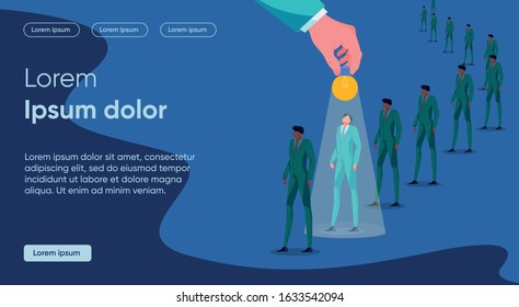 Idea Sharing Flat Landing Page Vector Template. Creative Solution Appearance Metaphor. People Queue, Ordinary and Elect Businessmen Faceless Characters. Decision, Enlightenment Homepage Layout