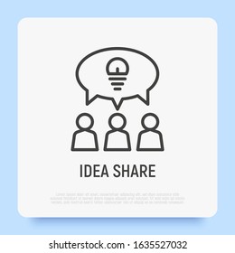 Idea sharing thin line icon. Group of people is brainstorming. Teamwork. Speech bubble with light bulb. Modern vector illustration.