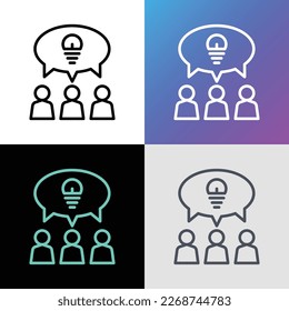 Idea sharing thin line icon. Group of people is brainstorming. Teamwork. Speech bubble with light bulb. Modern vector illustration.