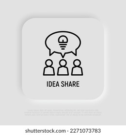 Idea de compartir un icono de línea delgada. Un grupo de personas está dando tormentas de ideas. Trabajo en equipo. Burbuja del habla con bombilla. Ilustración vectorial moderna.
