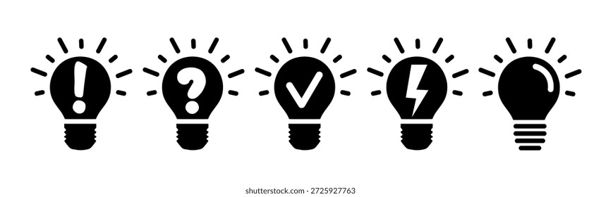 Die Idee einer Glühbirne.  Fragezeichen, Blitz. Elektrizität, Ausrufezeichen. Vektorgrafik