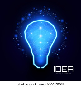 Idea. Shining Light Bulb. Techno Triangle Textured Sign with Particles. Science Design. Vector illustration