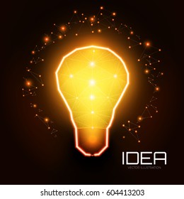 Idea. Shining Light Bulb. Techno Triangle Textured Sign with Particles. Science Design. Vector illustration