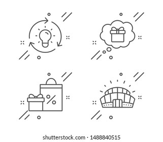 Idea, Shopping and Gift dream line icons set. Sports stadium sign. Lightbulb, Gifts and sales, Receive a gift. Championship arena. Line idea outline icon. Vector