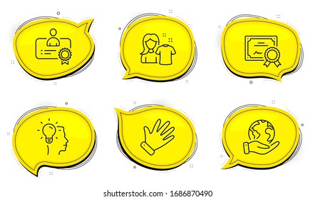 Idea sign. Diploma certificate, save planet chat bubbles. Clean shirt, Certificate and Hand line icons set. Laundry t-shirt, Best employee, Waving palm. Professional job. People set. Vector