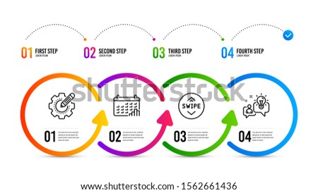 Idea sign. Infographics timeline. Settings gear, Calendar graph and Swipe up line icons set. Technology process, Annual report, Scroll screen. Solution. Technology set. Settings gear icon. Vector
