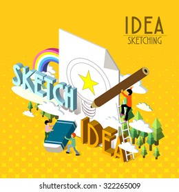 idea sketching concept in 3d isometric flat design 