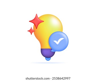 idea and solution concept. brilliant ideas, right solutions. innovation and creativity. illustration of yellow light with chat symbol and check mark. icon or symbol. minimalist 3d style design