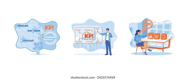 Idea solution concept. Businessman hand drawing KPI. Businesswoman with KPI text on wooden blocks.  Set flat vector modern illustration 