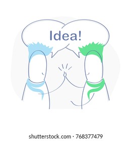 Idea, Solution, Great Decision, New Idea Generation. Two cute cartoon characters clap each other's hands, above the heads is a bulb with Idea. Success, Decision, Teamwork
concept.