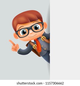 Idea solution hand gesture corner look out schoolboy promotion education excellent student school pupil nook 3d cartoon character vector illustration