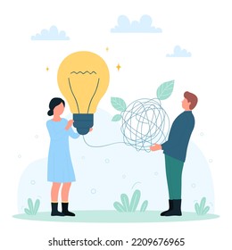 Idea, solution, insight management and creative mind progress vector illustration. Cartoon tiny people holding bright light bulb and messy knot of wire and cord, characters solve problem metaphor