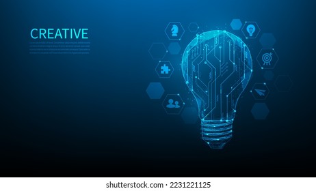 idea solution light bulb digital circuit. creative thinking digital technology. brain innovative to success. new business idea concept. vector illustration fantastic hi tech. on blue dark background.