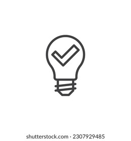 Idea Solutions line icon. linear style sign for mobile concept and web design. Light Bulb with check mark outline vector icon. Symbol, logo illustration. Vector graphics