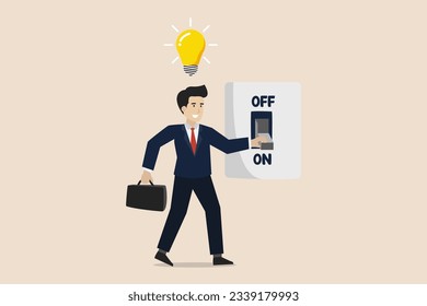Idea to solve company problem or innovation, smart businessman flips a light bulb switch to light up an idea.