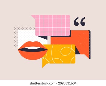 Idea of speech, communication. Open mouth, conversation bubbles and quote symbols. Rhetoric, oratory, public speaking concept. Isolated abstract vector illustration