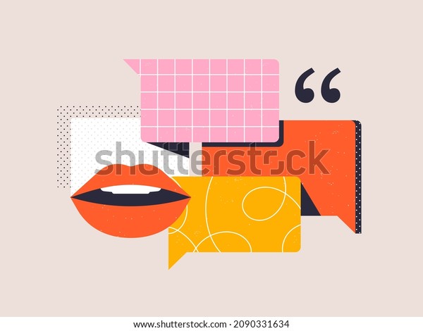 Idea of speech,\
communication. Open mouth, conversation bubbles and quote symbols.\
Rhetoric, oratory, public speaking concept. Isolated abstract\
vector illustration