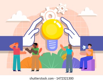 Idea, startup, brainstorm concept. Group of people stand near big idea light bulb. Flat design vector illustration. Poster for social media, web page, banner, presentation