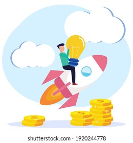 The idea of ​​a startup innovation with the concept of launching a creative small person project. The vision of the business man with rockets began Job advancement opportunities.
