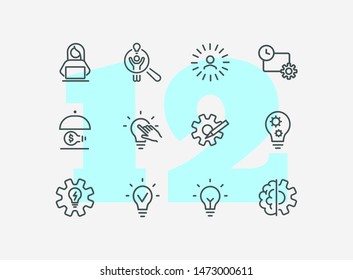 Idea for startup line icon set. Shining bulb, lightbulb, gear, entrepreneur. Business concept. Can be used for topics like genius, innovation, new project
