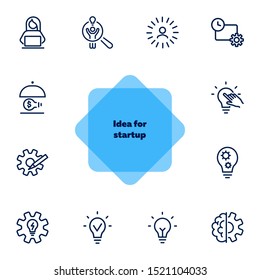 Idea for startup line icon set. Shining bulb, lightbulb, gear, entrepreneur. Business concept. Can be used for topics like genius, innovation, new project