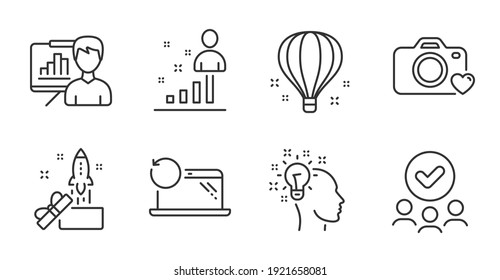 Idea, Stats and Photo camera line icons set. Air balloon, Presentation board and Innovation signs. Approved group, Recovery laptop symbols. Creative designer, Business analysis, Love photos. Vector