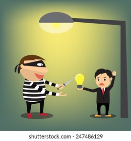 Idea Stealing. Thieves robbed idea from businessman, vector illustration.