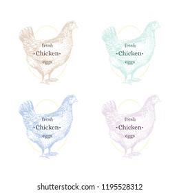 The idea of the stickers for packaging for eggs of the chicken. Chicken and egg silhouettes. Different colors. Vector. Isolated on background.