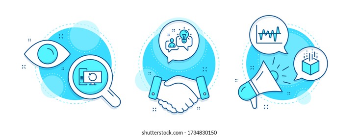Idea, Stock analysis and Recovery computer line icons set. Handshake deal, research and promotion complex icons. Augmented reality sign. Solution, Business trade, Backup info. Virtual reality. Vector