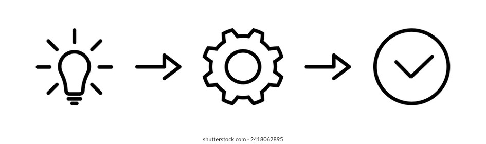 From idea to success line icon set in flat style. Light bulb, cogwheel and ok symbol icons on white background. Simple abstract icons Vector illustration for graphic design, web