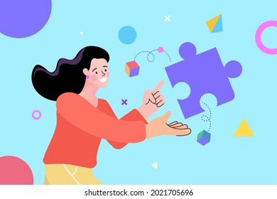 Idea of successful solution. Solving business problem. woman makes puzzles. Social networks. Brain activity, brainstorming. problem solving. Flat vector illustration.
