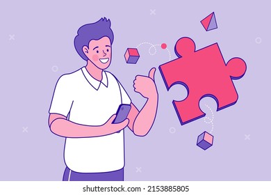 Idea of successful solution. Solving business problem. man makes puzzles. Social networks. Brain activity, brainstorming. problem solving. Flat vector outline illustration.