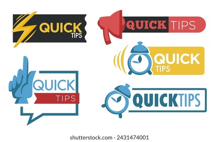 Idea suggestion, tricks and best solutions advice. Quick tips label design with megaphone and flash, alarm clock and hand with point finger up. Sticker or quickly solutions logo. Vector in flat style