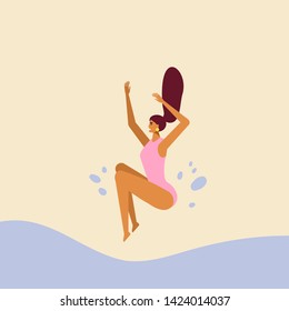 Idea for summer poster. Beautiful young girl fun jumping into the pool. Fun summertime on the beach. Female character. Vector cartoon illustration, flat design, isolated 